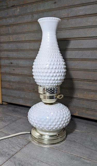 Vintage White Milk Glass Hobnail Hurricane Parlor Table Lamp