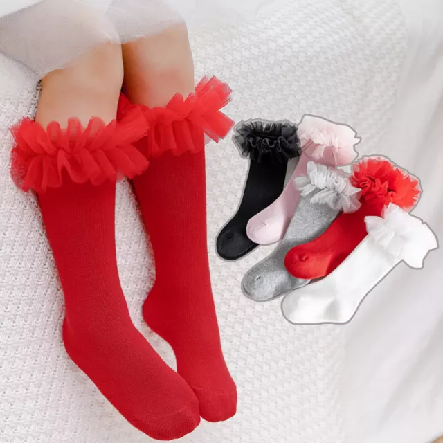 2 Pack Baby Girls Ribbed Knee Length Tutu Socks With Spanish Satin Organza Lace