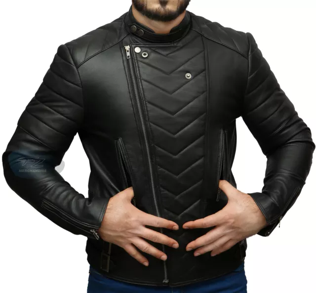 Mens Biker Vintage Motorcycle Black Retro Cafe Racer Leather Jacket