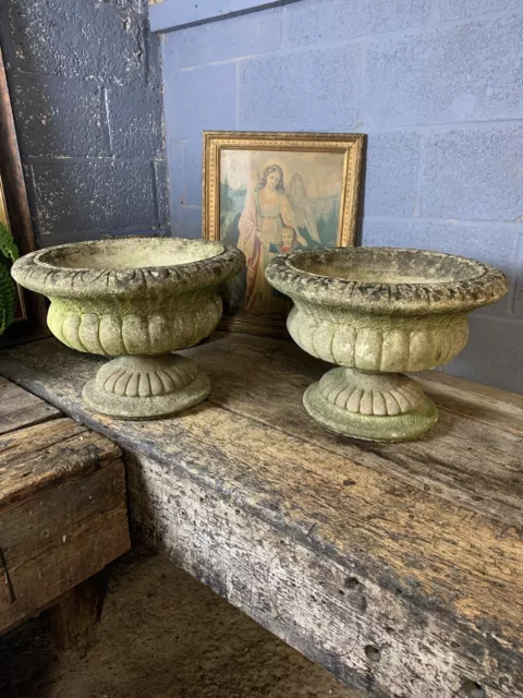 Antique PAIR Cast Stone Garden Urns Planters Gadrooned Pedestal Pot