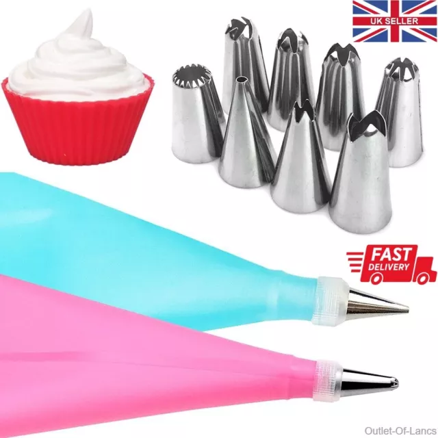 Silicone Icing Piping Bag Cream Pastry Cake Decoration Reuse Steel nozzles 10 PC