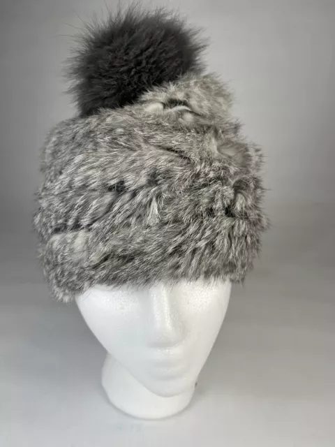 Marcus Adler Beanie Pom Hat 100% Genuine Rabbit Fox Fur Spandex Gray Women’s