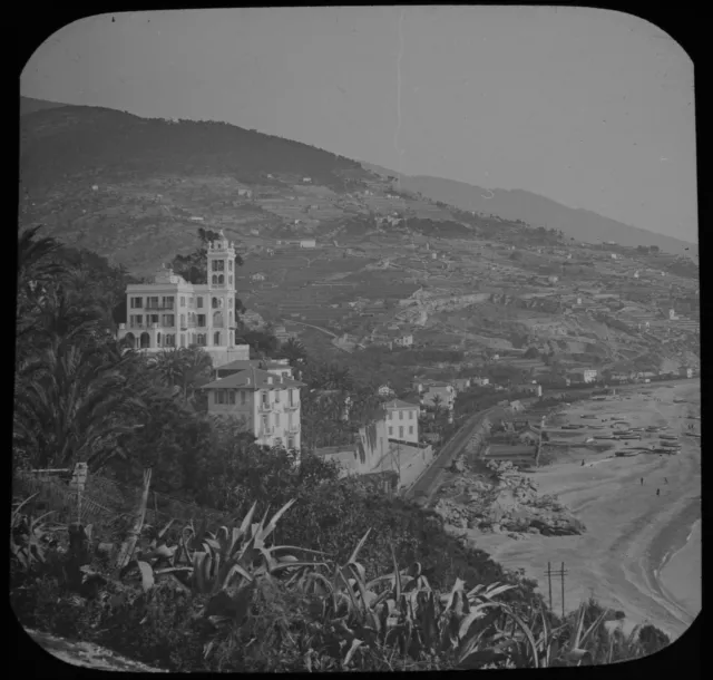 ANTIQUE Magic Lantern Slide COASTAL VILLAGE NEAR BORDIGHERA C1900 PHOTO ITALY