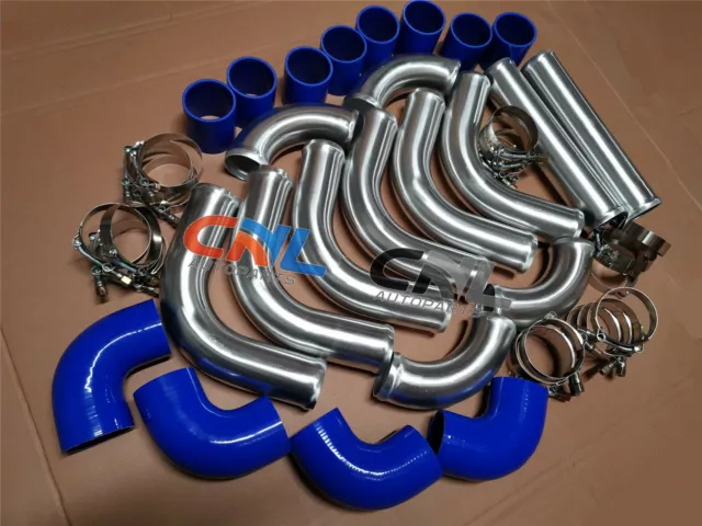2" 51 Aluminum Universal Intercooler Turbo Piping & BLUE Hose T-Clamp Kits 12pcs