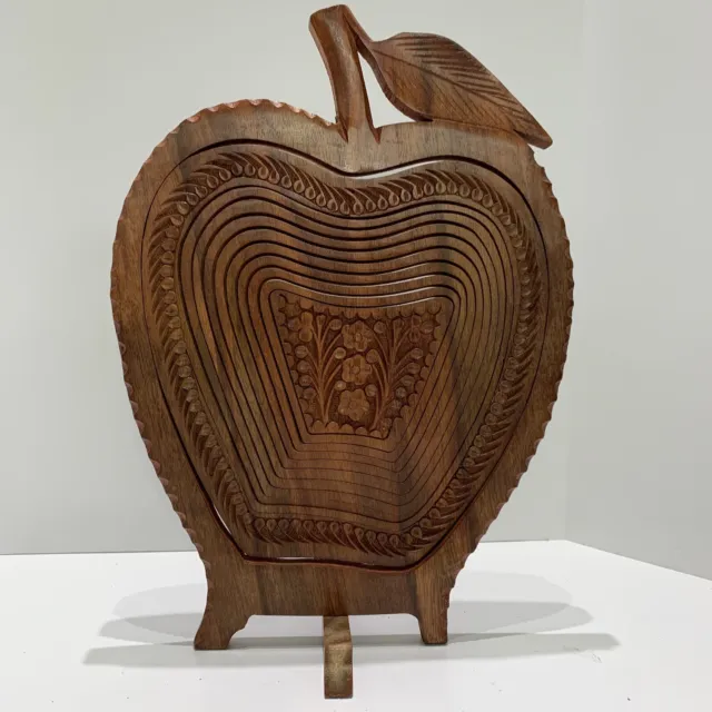 Carved Apple Shaped Wooden Boho Cottage Core Collapsible Basket Scroll Trivet