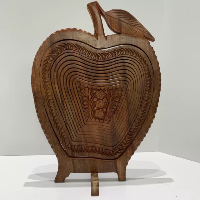 Carved Apple Shaped Wooden Boho Cottage Core Collapsible Basket Scroll Trivet
