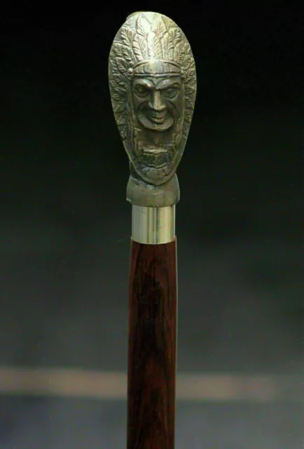 Antique Indian Chief Head Handle  Brass Wooden  Walking stick Cane new handmade