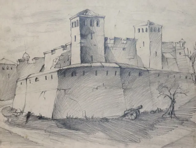 Fortezza del paesaggio con disegno a matita vintage firmato