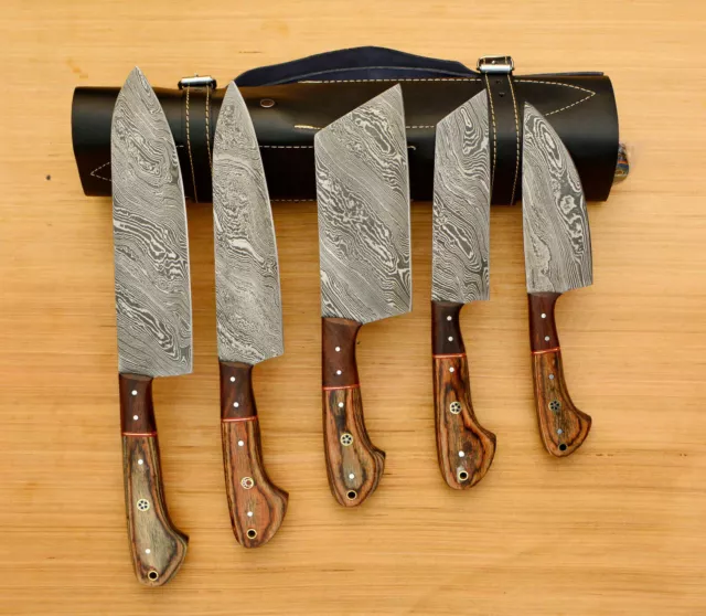 custom Handmade DAMASCUS STEEL CHEF KNIFE KITCHEN SET WITH NATURE wood HANDLE.