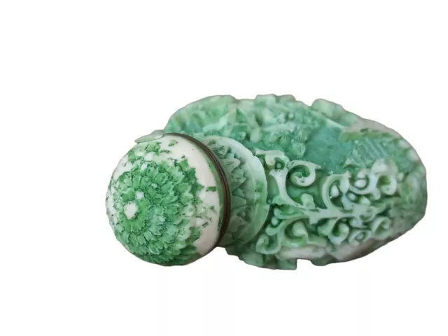 Vintage Chinese Carved Resin Snuff Bottle Cream and Green Signed to Base 3