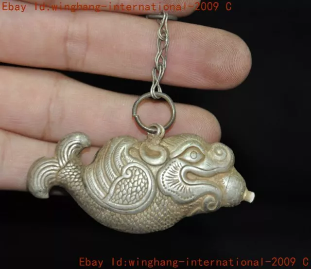 old China Tibetan silver Feng Shui animal fish statue Amulet periapt pendant
