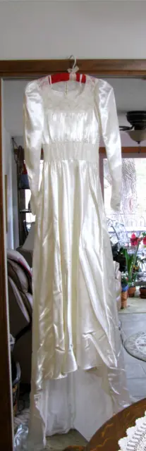 Vintage 1930's-40's Wedding Dress-White Satin - Lace - Slip, Bow, Waist Ribbon