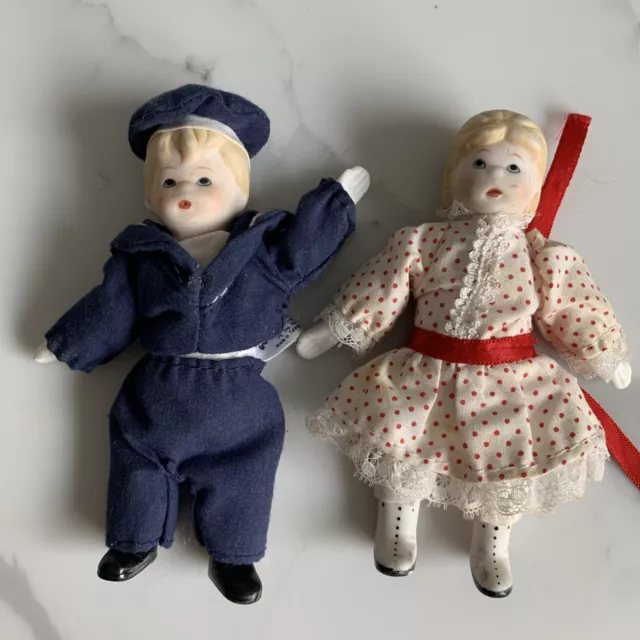 Vintage Russ Berrie Girl And Boy Dolls W/Porc Heads, Feet, Hands Victorian Style