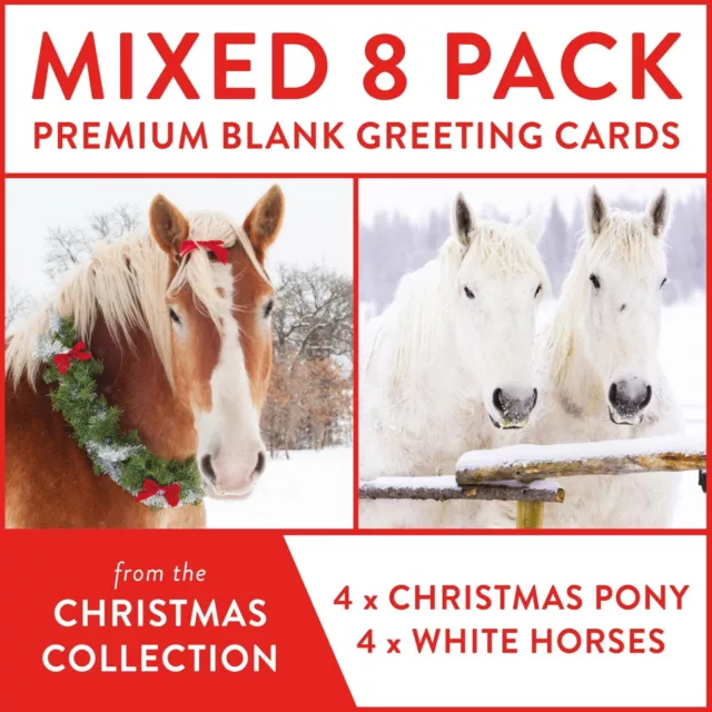 Gemischte Weihnachtskartenpackung festliche Pferde & Ponys - 8 leere Karten KOSTENLOSER VERSAND