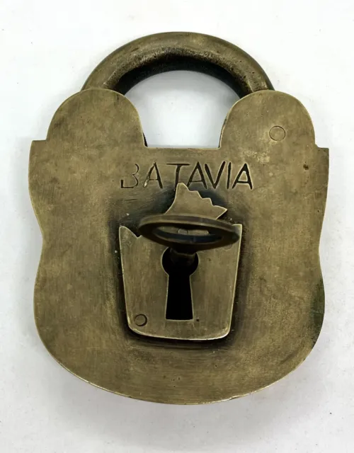 Vintage Padlock & Key BATAVIA large old lock solid brass heavy