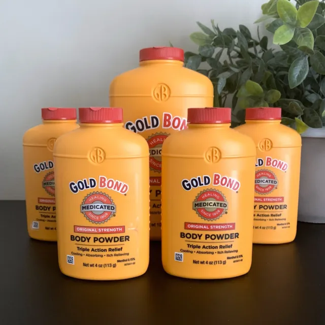 Lot 5 Gold Bond ORIGINAL Strength BODY Powder WITH TALC Medicated Yellow 10 oz 4