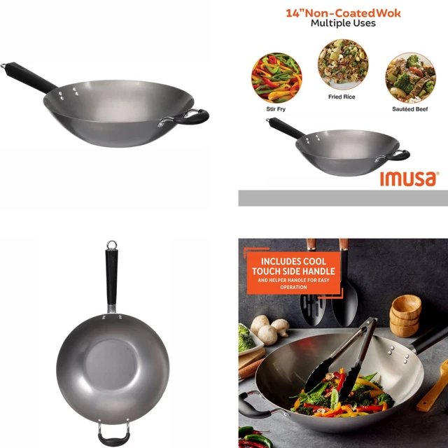 Wok Natural De Acero Al Carbono De 14 Pulgadas Con Mango Auxiliar De Baquelita