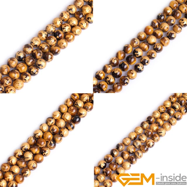Natural Tiger's Eye Carved Dragon Buddhist Tibetan Mala Prayer Round Beads 15"