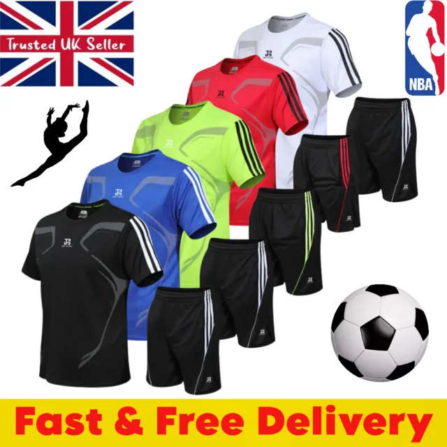 Mens Football T-Shirts & Shorts Jogging Running Gym Sports Breathable Fitness UK