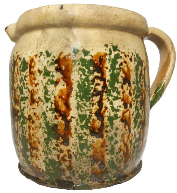 Scarce 19Th C American Antique Sponged Grn/Burnt Sienna Yellow Ware Cer Pitcher