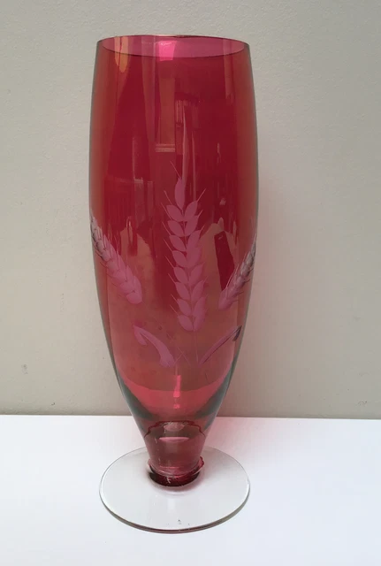 Vintage Cranberry Glass Large Vase Etched Wheat 10 1/2” Tall