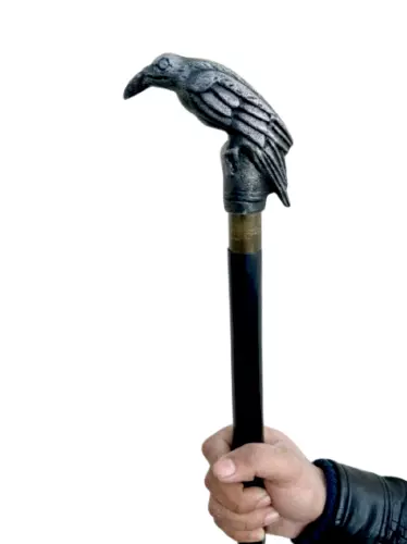 Antique Corbeau Poignée en Bois Marche Main Sculpté Oiseau Noir Deux Pli Bâton