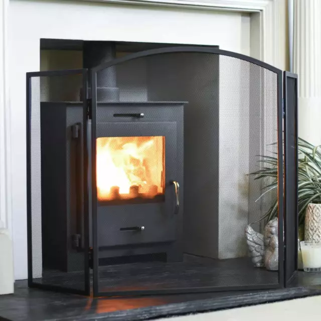 Black Central Arched Three Fold Fire Guard with Mesh