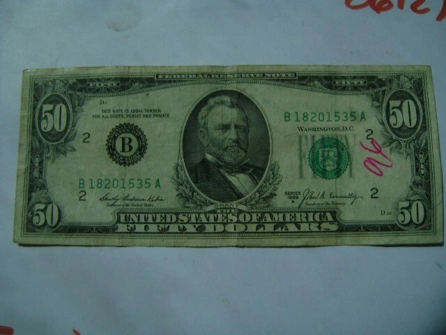 1969 $50 Fifty Dollar Bill Federal Reserve Note Vintage Currency US America