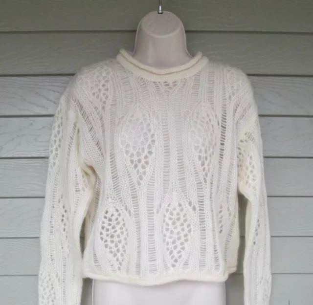 Limited Womens Ivory Open Knit Mohair Blend Cropped Pullover Roll Neck Sweater S