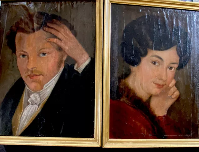 2 Antiguo Biedermeier Pintura Al Óleo - Retrato - Hombre y Mujer