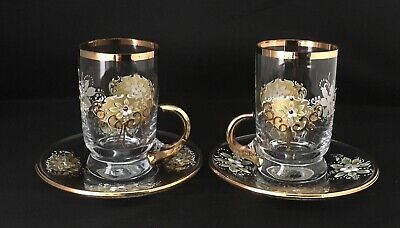 PAIR BEAUTIFUL MURANO GLASS CUPS & SAUCERS. Hand Painted with Gold Trim