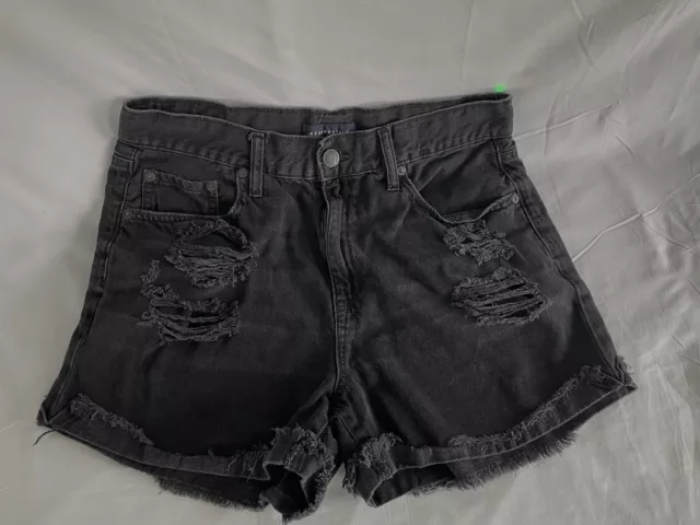 Aeropostale Mom Shorts Woman’s Sz 10 Black Denim Jeans Distressed High Rise EUC