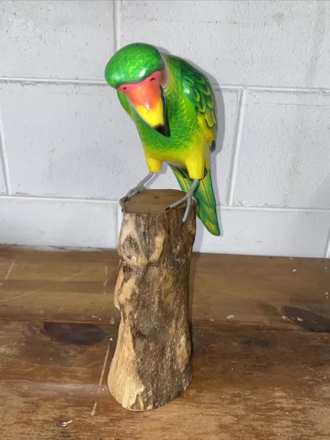 Parrot On Driftwood Base  Hand Carved Wood Tropical Sculpture Bird Decor Tiki 2