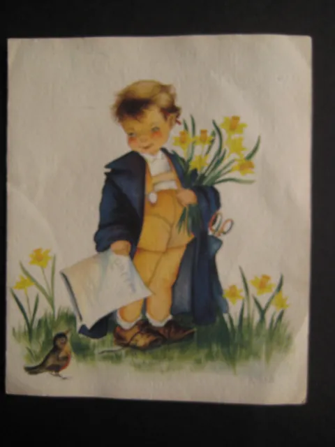 UNUSED 1942 vintage notecard Ars Sacra By T. Kalab SPRING Boy w/ Daffodils