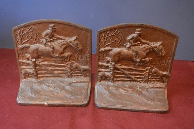 Antique Rare Early 1900's Hubley Bronzed Cast Iron Bookends Hunting Horse, Jump