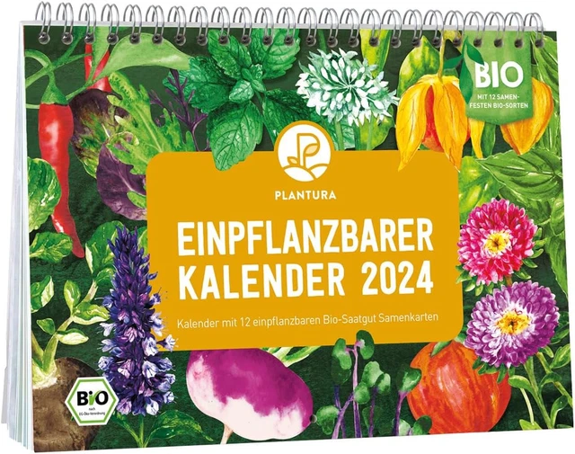 PLANTURA EINPFLANZBARER KALENDER 2024, A5-Format, Bio-Saatgut-Kalender