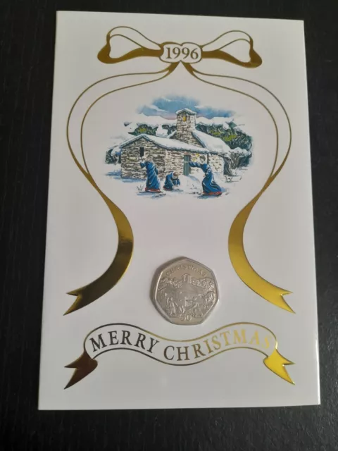 1996 Isle of Man 'Choir Boy's Snowball Fight' Xmas50P Coin. UNC. In Card & COA.