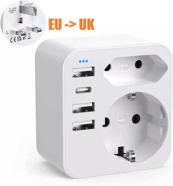 Reiseadapter EU DE auf UK England Steckdose Reisestecker Adapter Strom USB Typ C