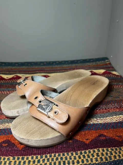 Vintage Dr Scholls Original Exercise Wooden Sandals Brown w/ Wood Soles Size 7