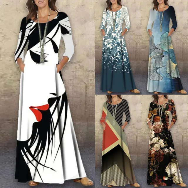 Women Boho Floral Long Maxi Dress Lady Cami Holiday Beach Sundress Long Sleeve
