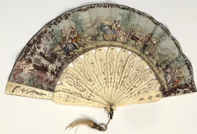 Antique French Hand Painted Fan Handmade Carved Gorgeous Detail and Coloring