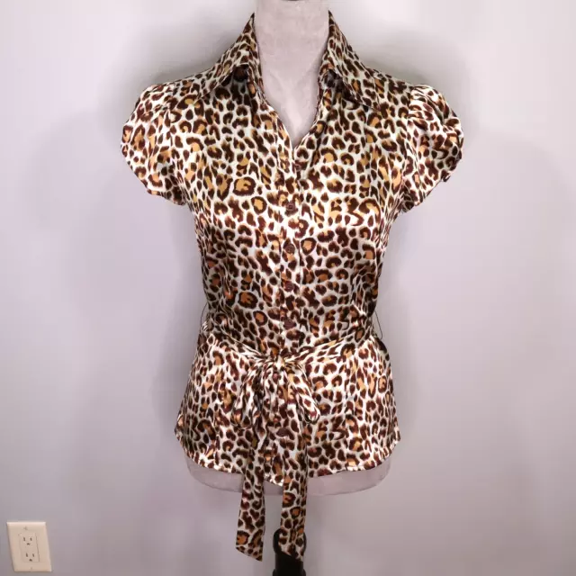 BCBG Maxazria Animal Print Top Blouse Size XS Womens Satiny Belted Button up