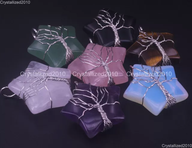 Natural Gemstones Star Handmade Wire Wrap Life Tree Healing Reiki Pendant Beads