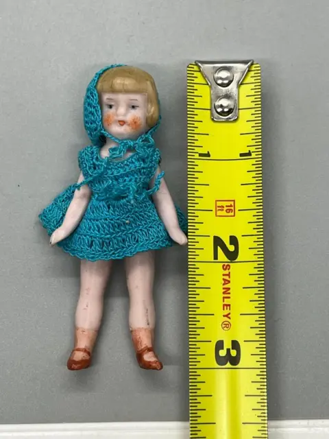 Antique German Hertwig (?) Miniature 3” All Bisque Mignonette Dollhouse Doll