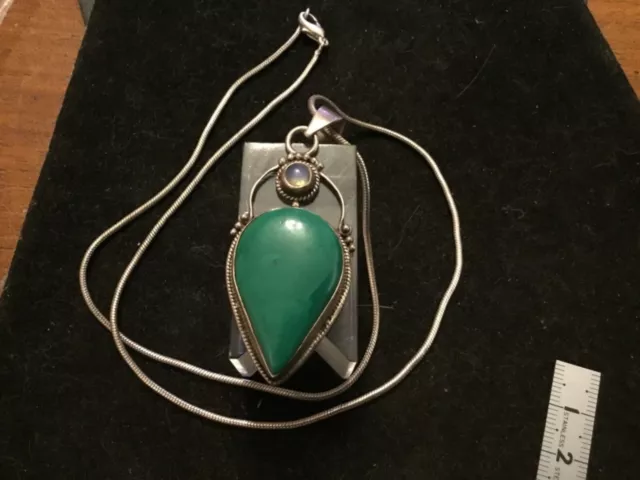 #BEAU BIJOUX PENDENTIF et chaîne VINTAGES EN ARGENT ET MALACHITE pierre de lune