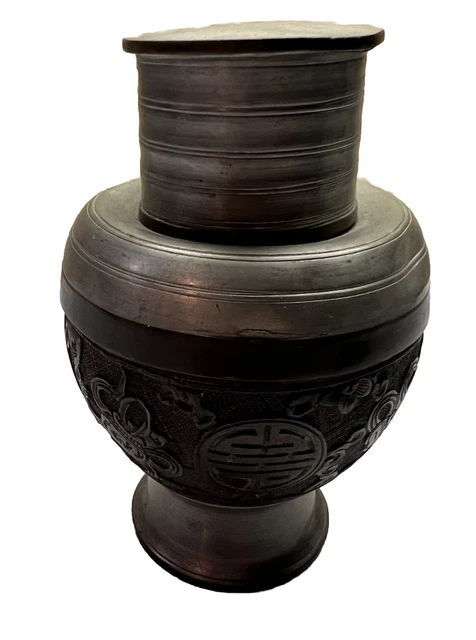 Chinese Export Pac-tung Pewter Wood Carved Tea Caddy With Lid Antique Old Museum