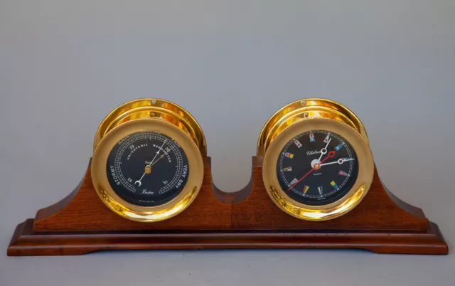 VINTAGE Chelsea Black Flag Clock and Barometer Set w/ wood base stand VGC