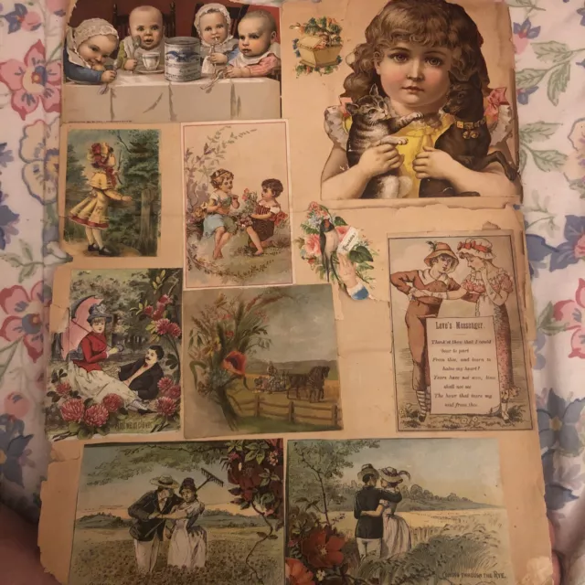 Página de libro de recortes troquelada de colección del siglo XIX con hermosas tarjetas y troquelados en ambos lados