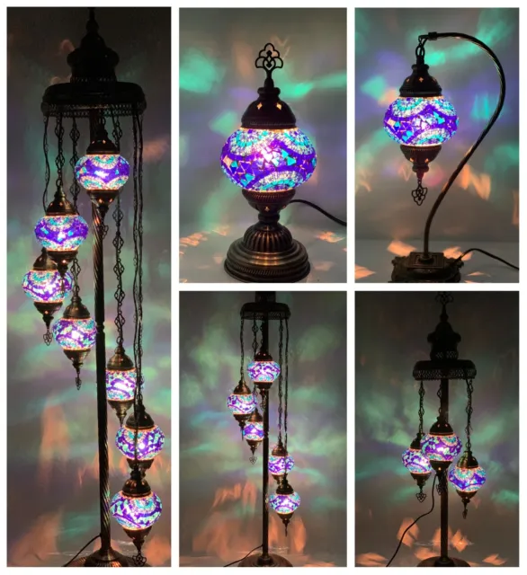 Turkish Moroccan Glass Mosaic Table Desk Floor Lamp in Blue Colour - FREE BULBS