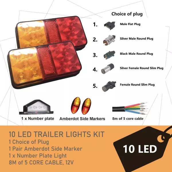 2 x 10 LED TRAILER LIGHTS KIT, Trailer Plug, CABLE, Side Marker, No. Plate Light